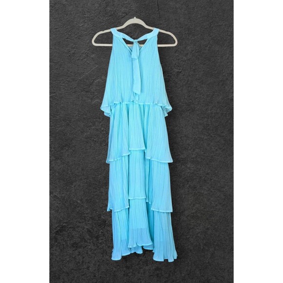 ZESICA Aqua Pleated Tiered Halter Midi Dress Women’s Size L Flowy Chiffon Ruffle - Picture 3 of 5